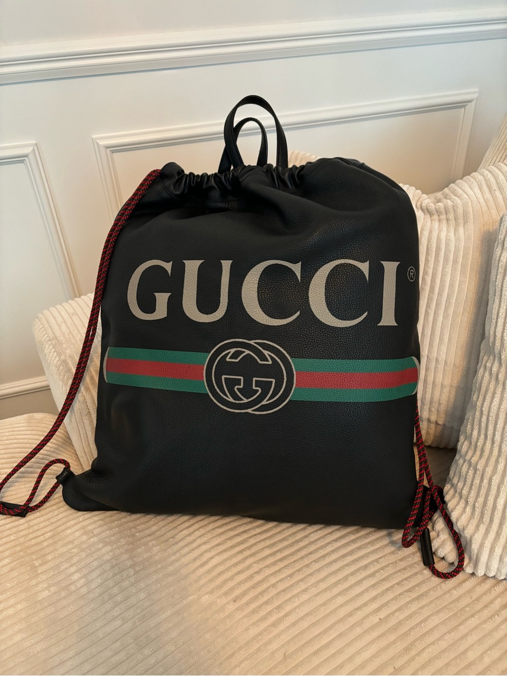Gucci Black Logo Drawstring Backpack with Green-Red Stripe